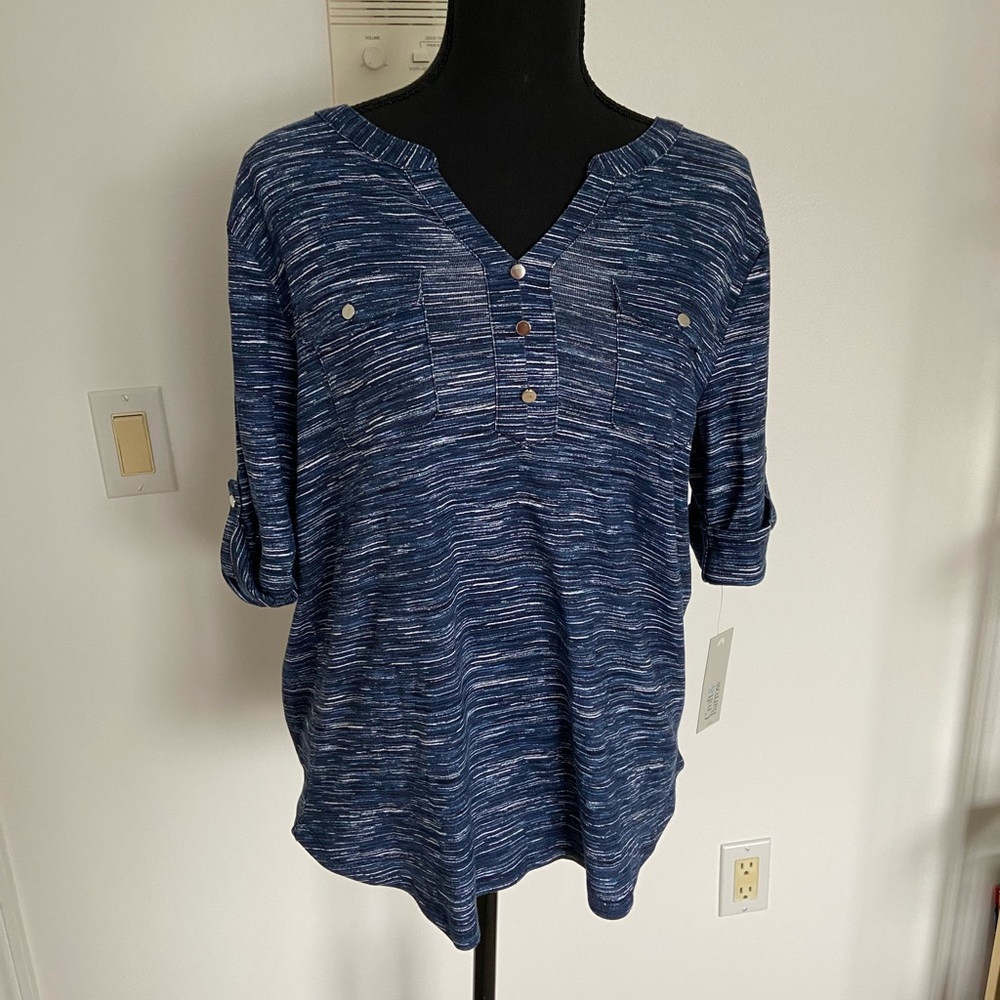 Blue Button Strap Sleeved Top